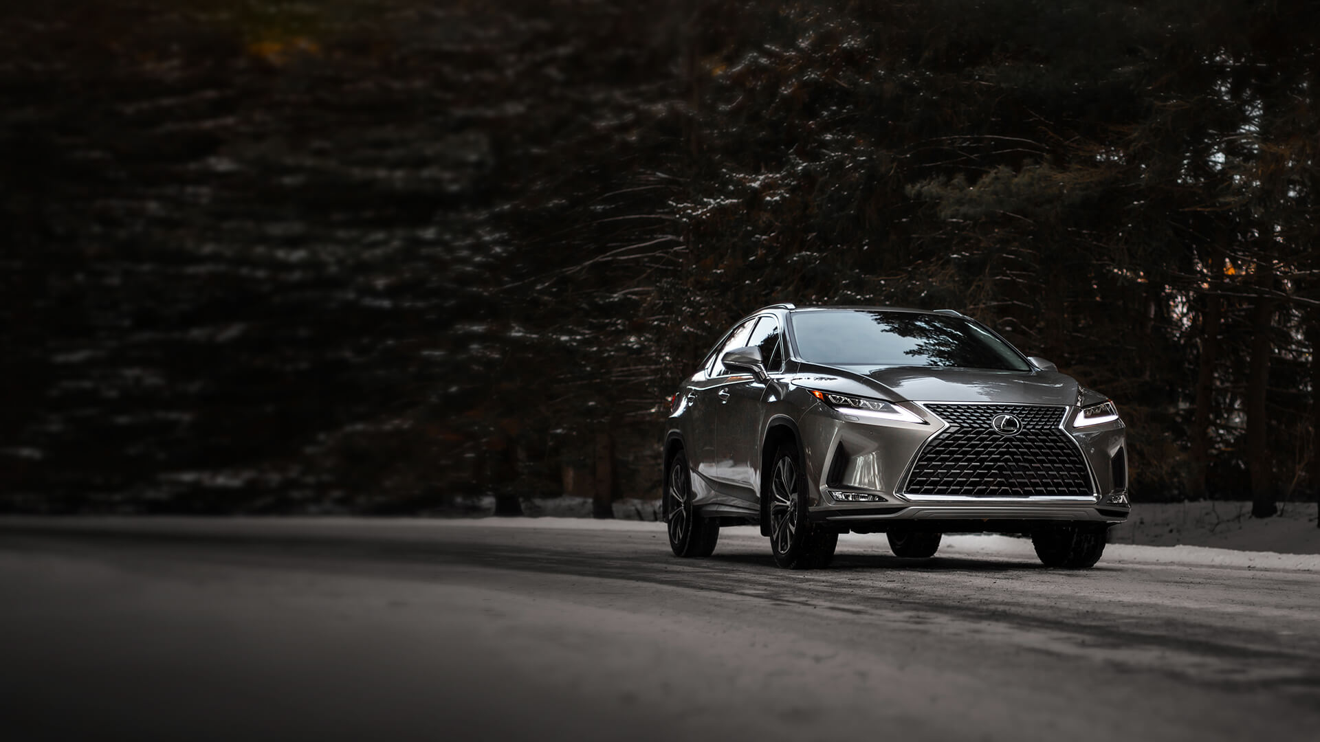 Lexus RX being driven on the road in a forested area.