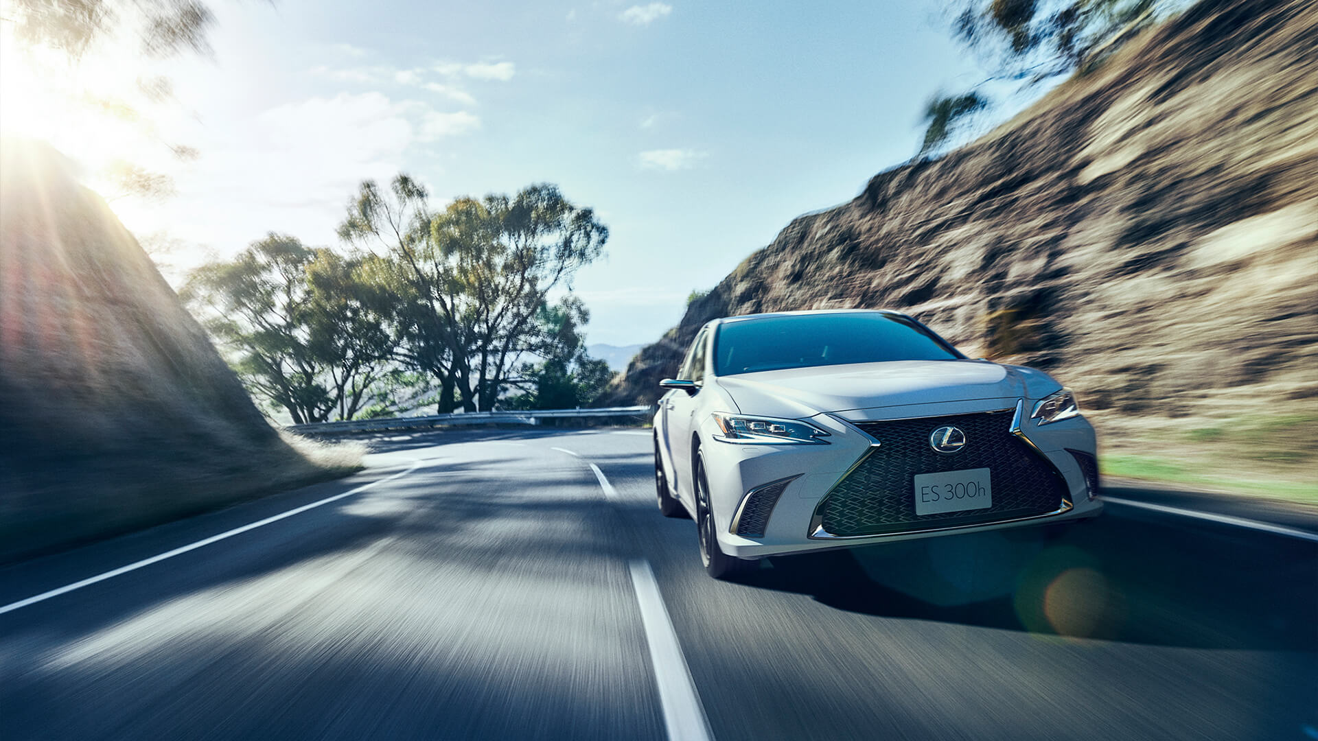 Silver Lexus ES being driven through a road banked by cliffs and trees.