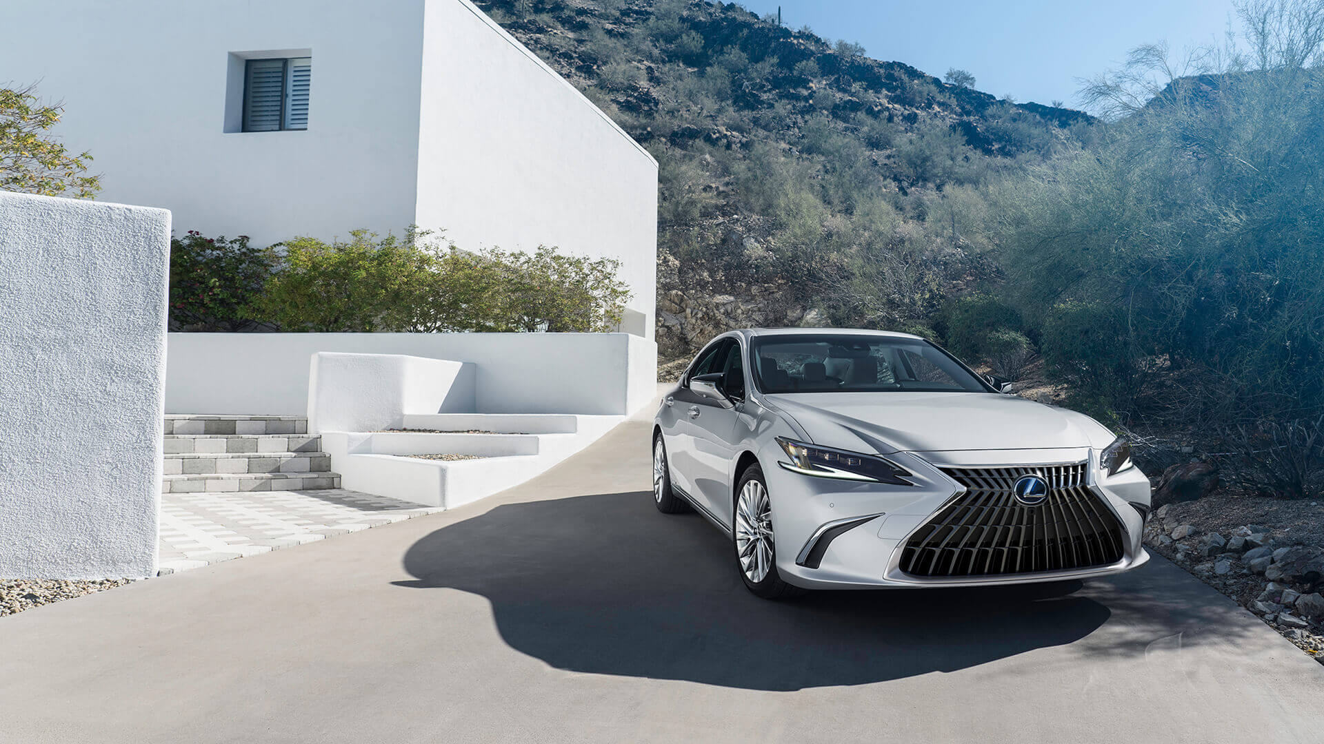 Silver Lexus ES parked in front of a white building.