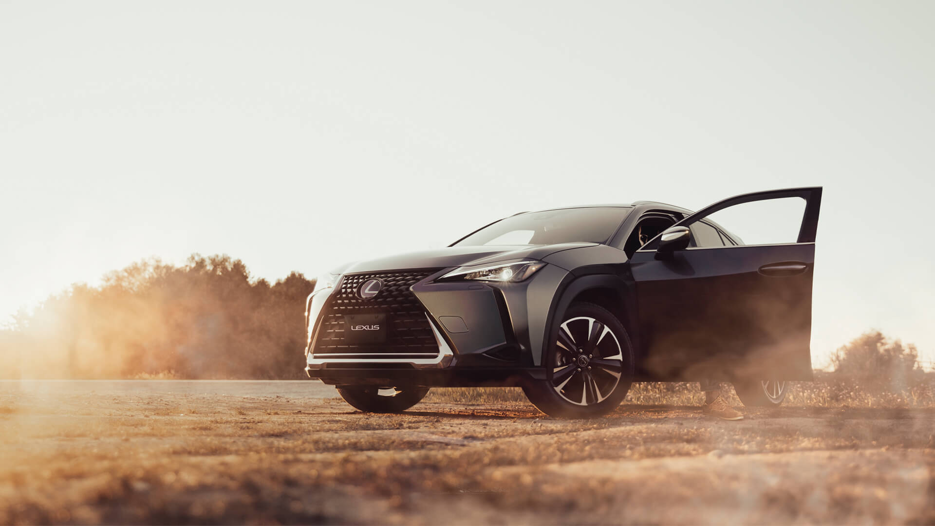 Lexus UX with a door open on a dusty field.